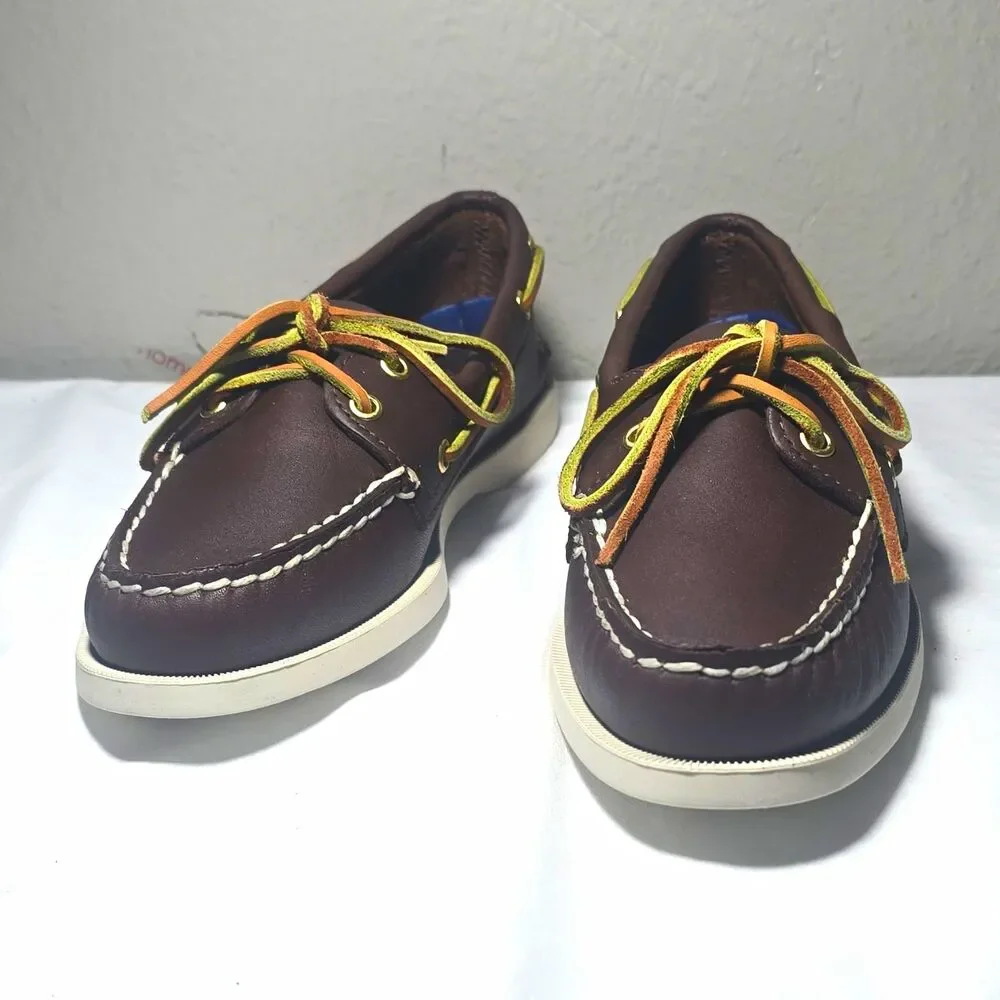 Sperry Top-Sider A/O Womens Brown Leather Boat Shoes 5M Multi-Color Laces New[3J